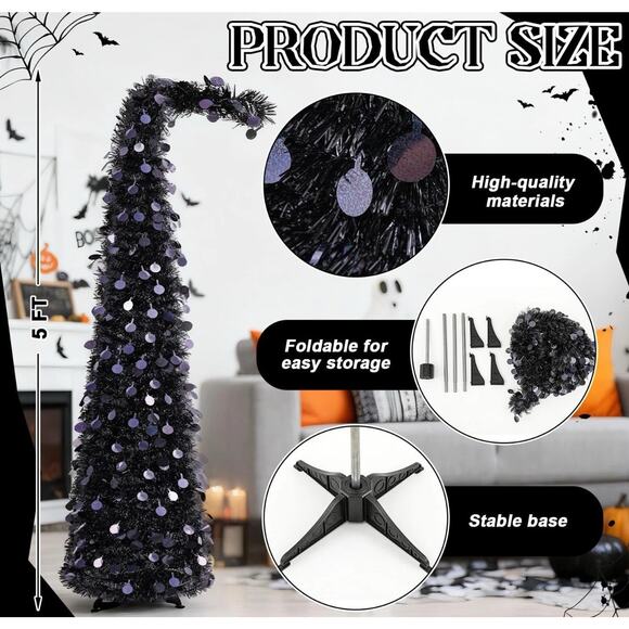 5 ft Black Curved Top Halloween Tree Artificial Crooked Neck Hinged Spruce *read - Picture 3 of 16